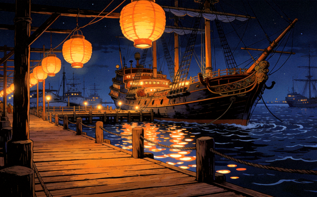 开发日志配图：港口夜景概念插画，暖橙色灯笼映照木质栈桥与停泊的商船