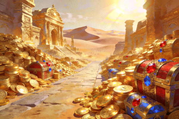 寻宝黄金城场景：金色遗迹在沙漠中闪耀，堆叠的金币与宝石宝箱堆满整条街道